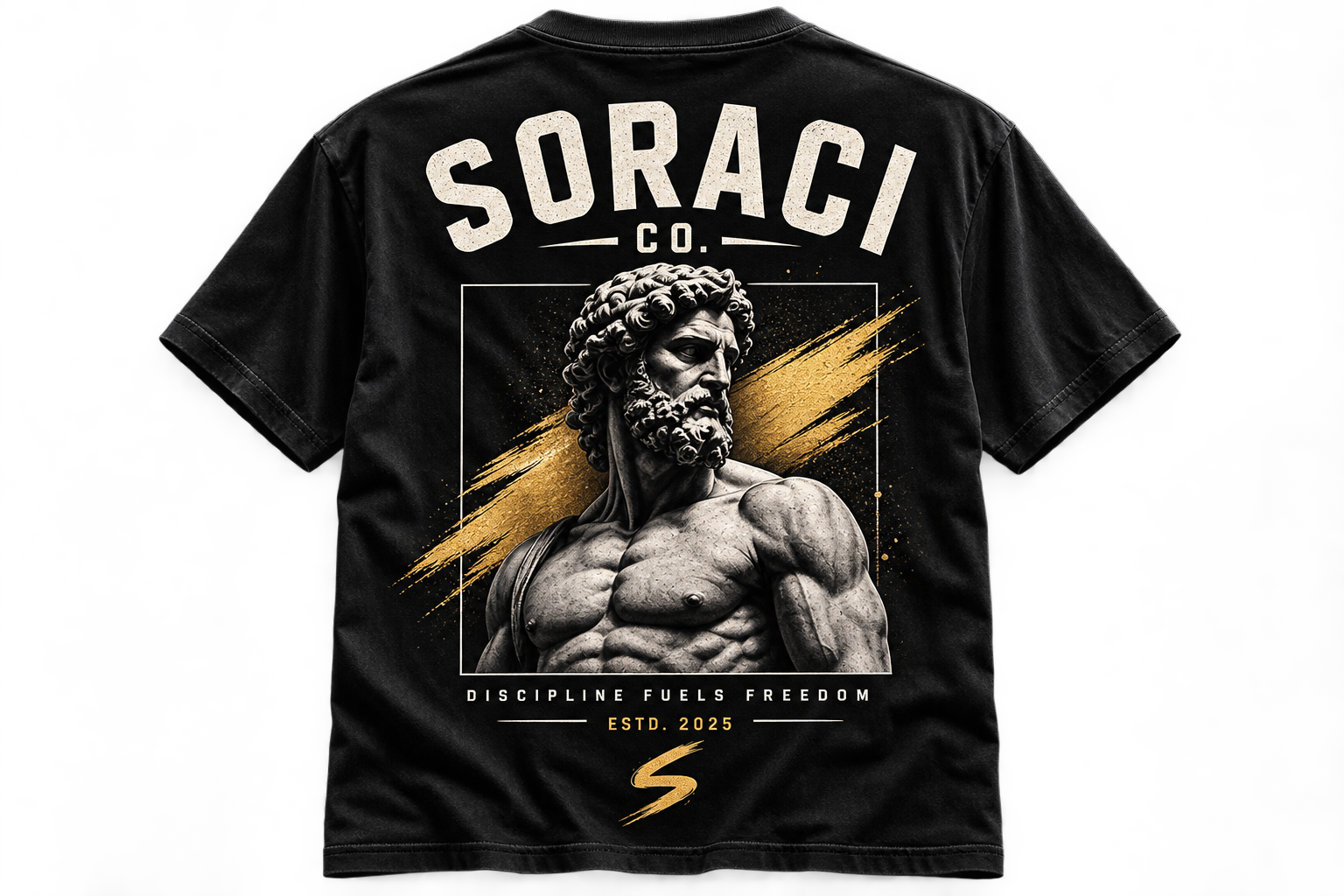 Soraci Co. Discipline graphic tee mockup in black and gold